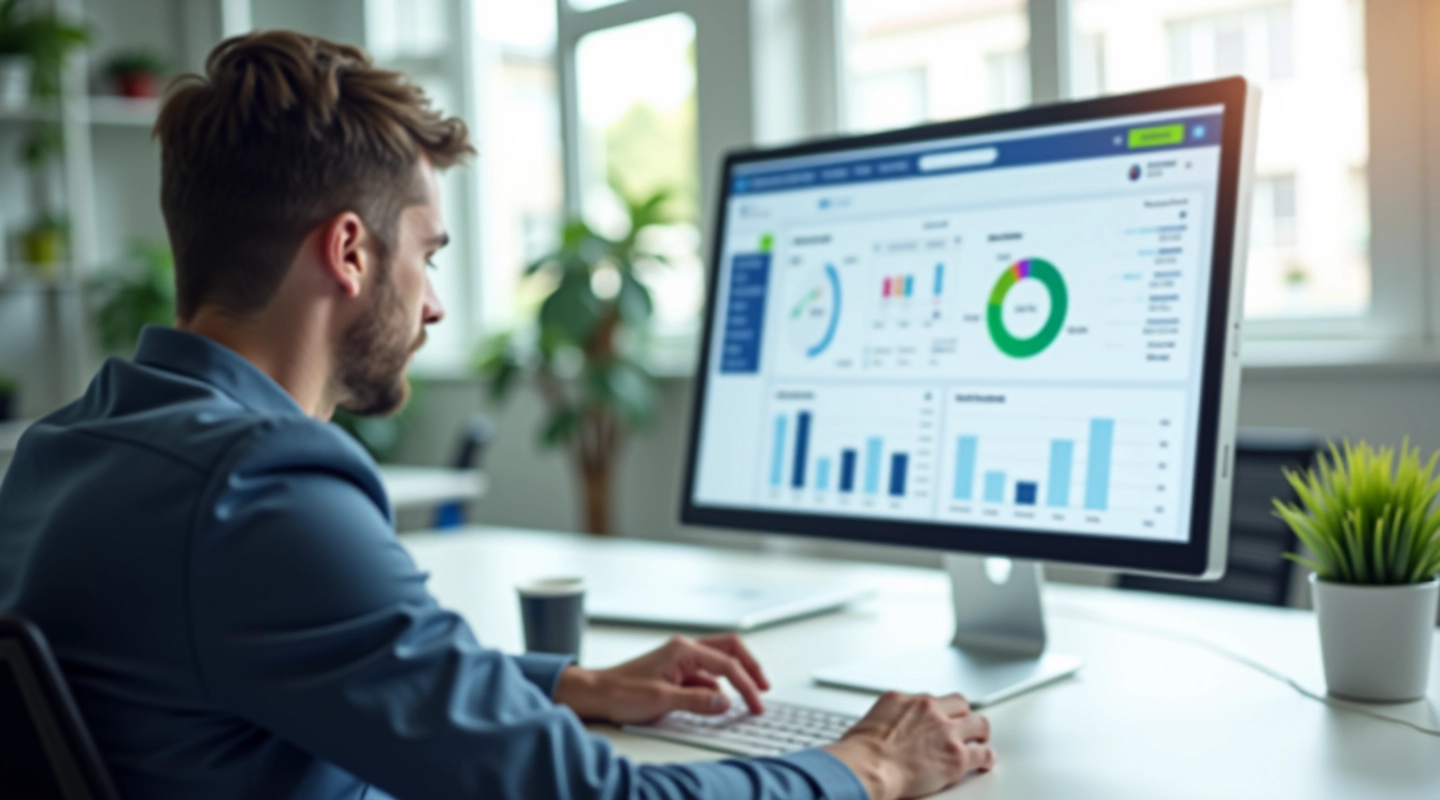Modern ofiste bilgisayar ekranında CRM yazılımı kullanılan masaüstü görüntüsü